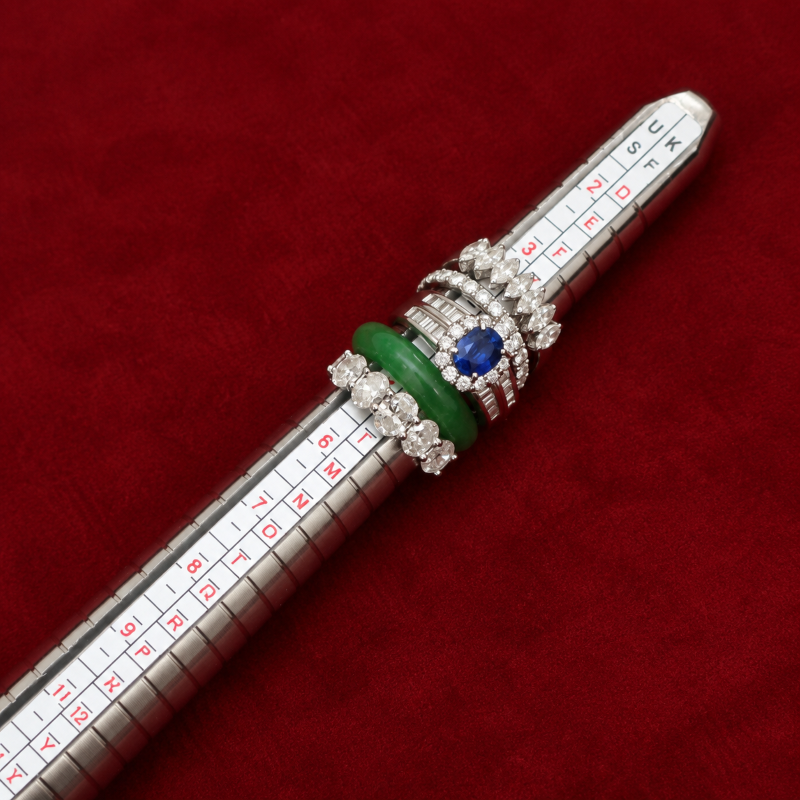 Picture of rings in jade, diamond and sapphire