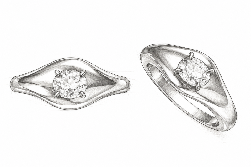 A sketch of a custom design ring with diamonds by Emblume.