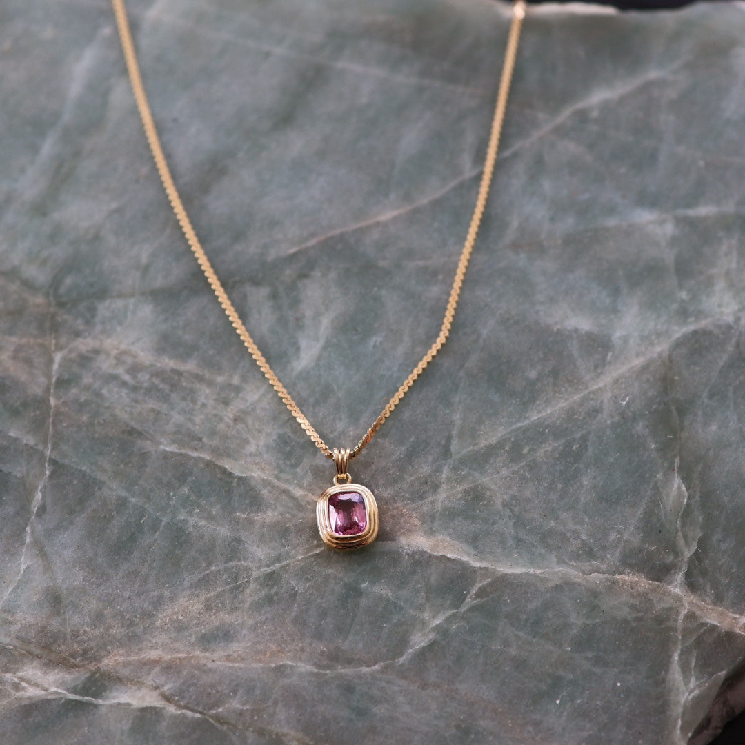 Burmese pink spinel pendant necklace in yellow gold by emblume
